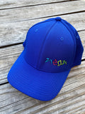 Blue Flexfit Baseball hat with Neon Logo embroidered directly on hat