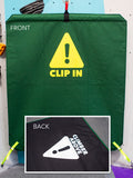 Belay gate front view showing "CLIP IN" icon and detailed back view showing "CLIMBER ABOVE" icon