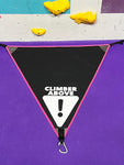 Commercial gym belay gates. Triangle belay gate with Climber Above warning on back side of gate.
